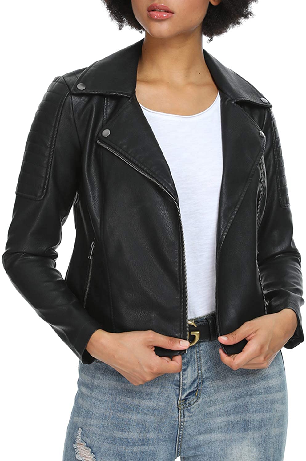 LMSXCT Women's Cropped Leather Jackets, Faux Motorcycle Plus Size Moto  Biker Coat Short Lightweight Vegan Pleather Fashion at  Women's Coats