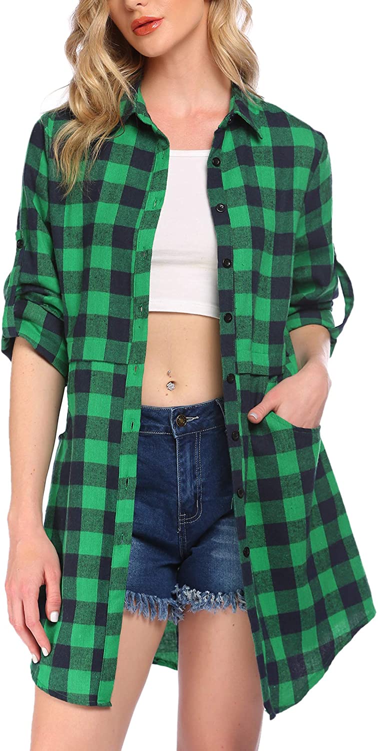 HOTOUCH Womens Flannel Plaid Shirts Roll Up Long Sleeve Pockets