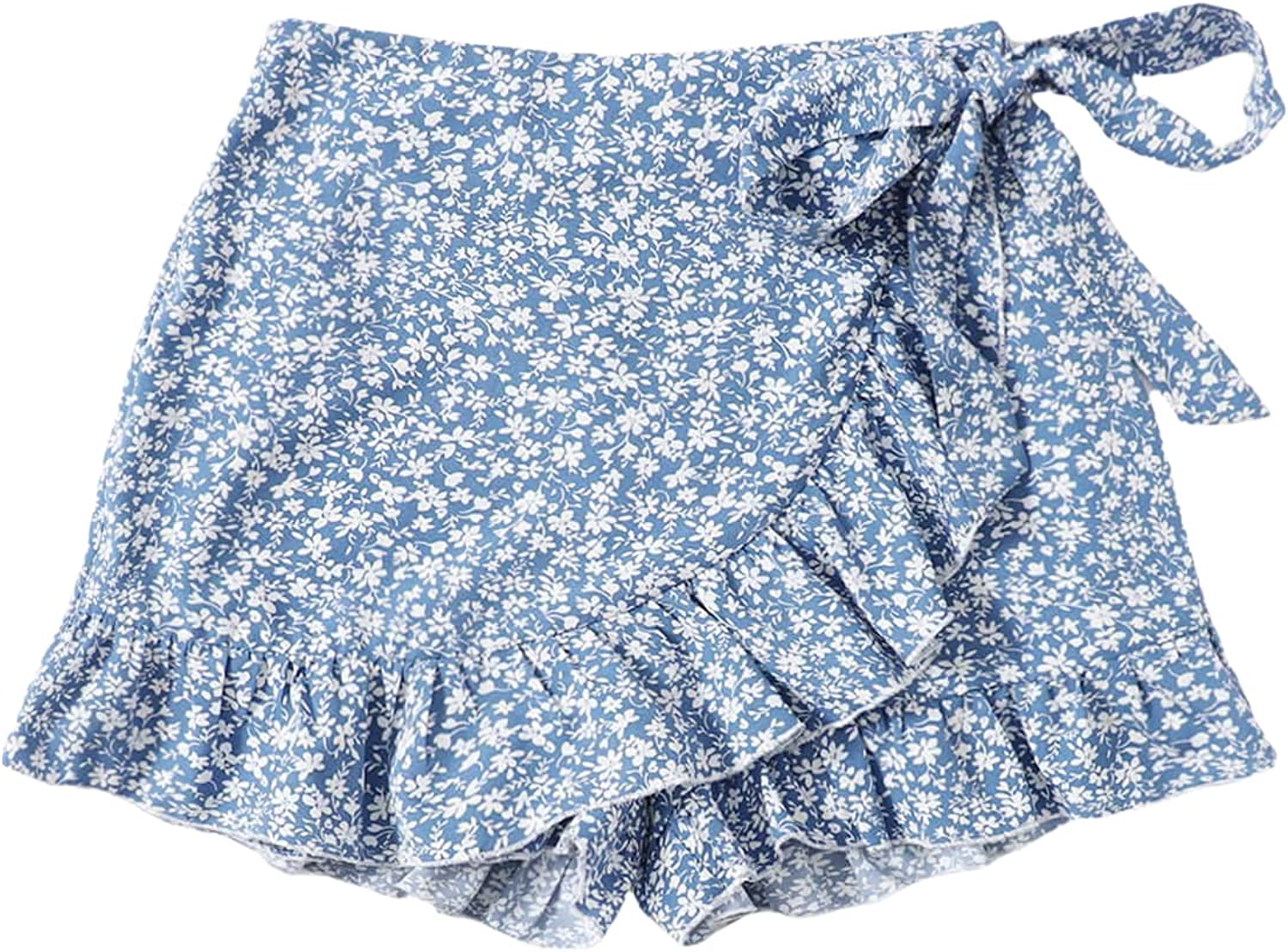 MakeMeChic Women's Boho Floral Print Elastic Waist Ruffle Wrap Tie Skorts  Skirt