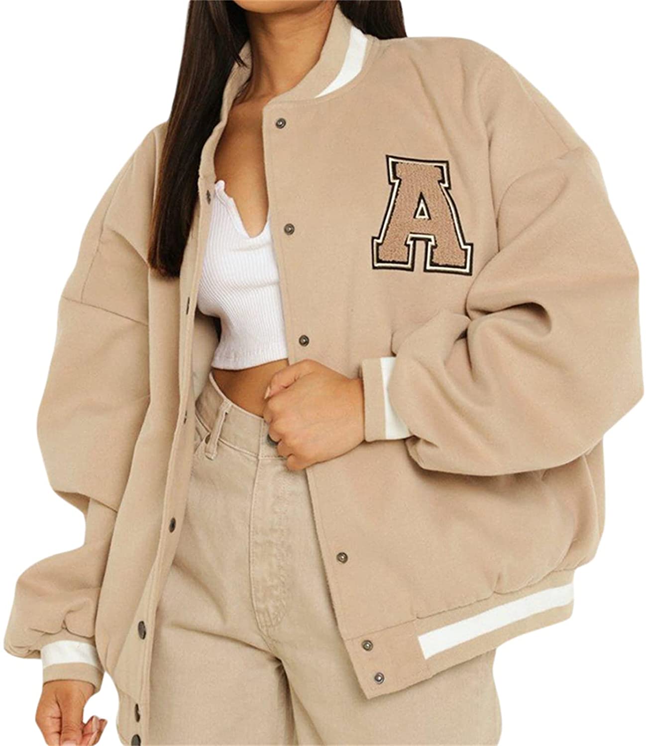 Women\'s Oversized Casual Varsity Jackets Letter eBay | Print Bomber Vintage Jacket Urba