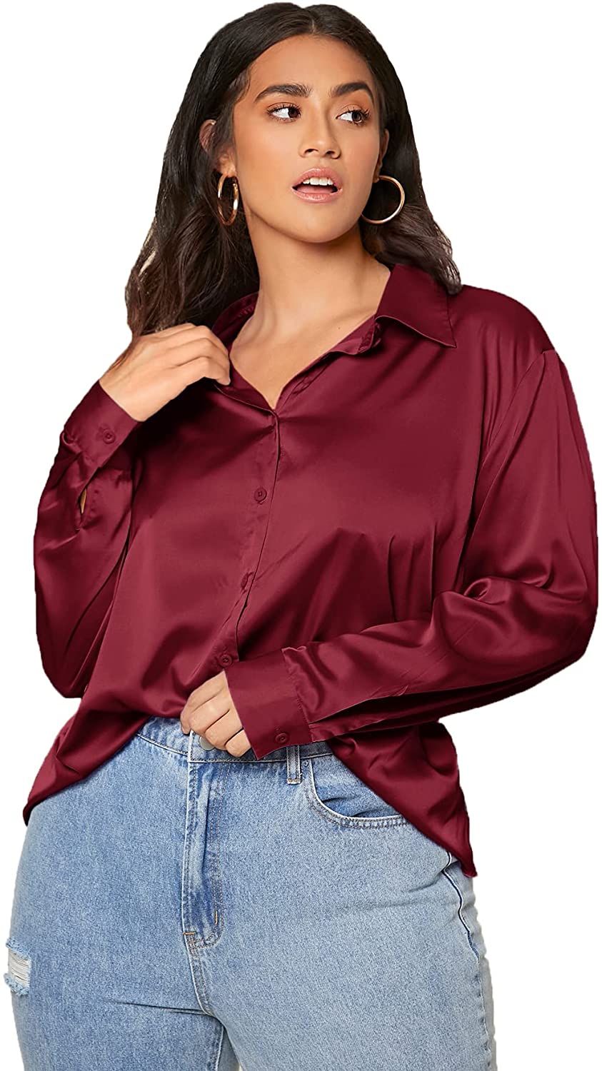 SOLY HUX Women's Satin Silk Long Sleeve Button Down Shirt Formal Work  Blouse Top