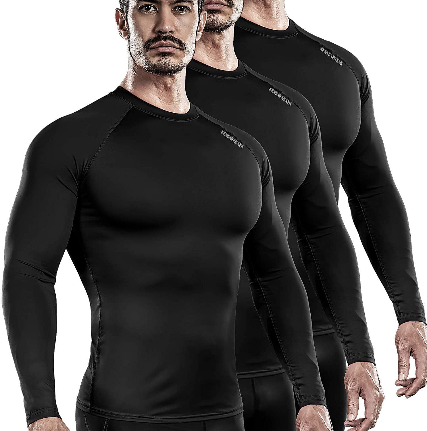 DRSKIN 1~3 Pack Men's Long Sleeve Compression Shirts Top Sports Workout ...