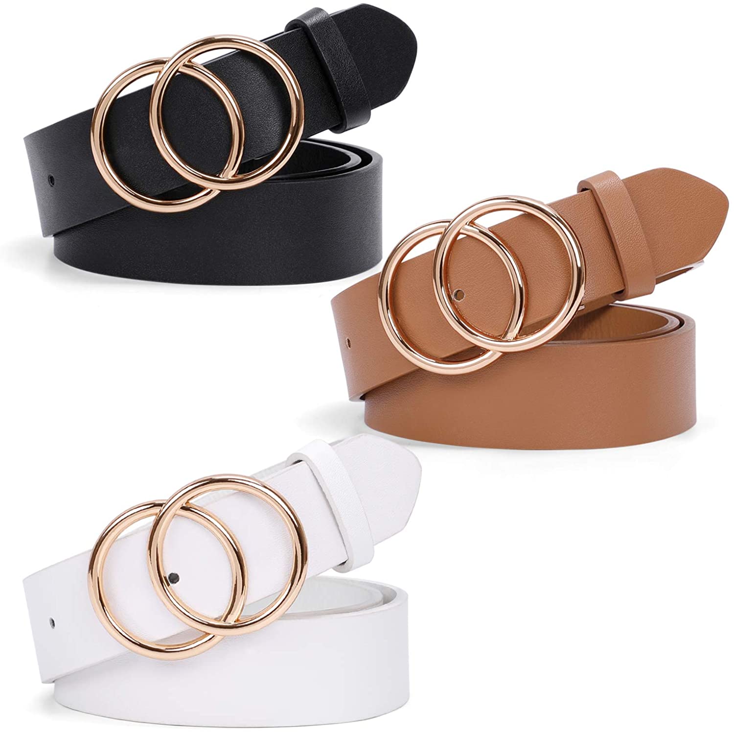 Pack 2 Women Belts for Jeans with Fashion Double O-Ring Buckle and Faux Leather 