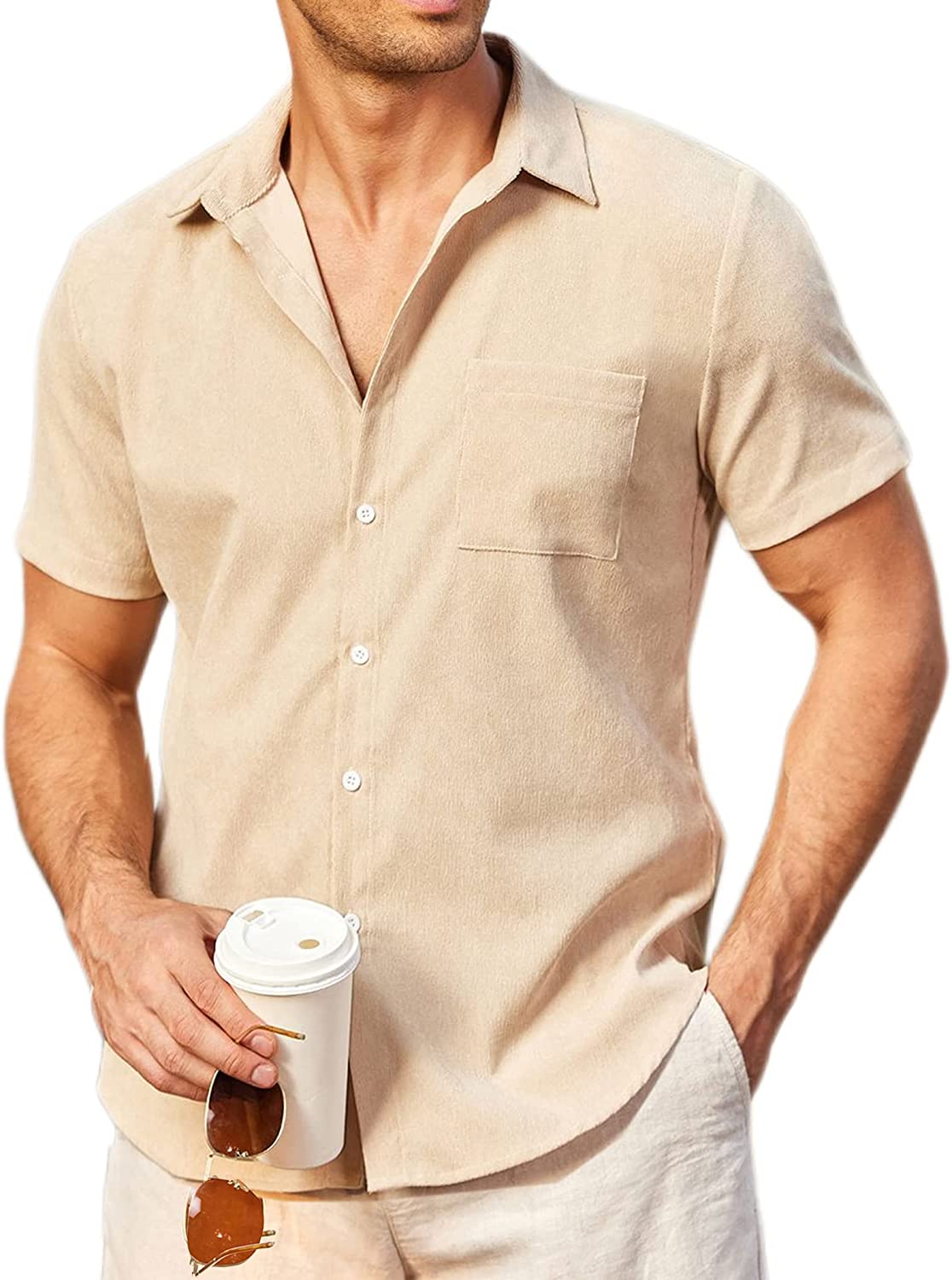 COOFANDY Men's Beach Wedding Shirt Casual Short Sleeve Linen Shirts Button  Up Shirt Beige at  Men's Clothing store