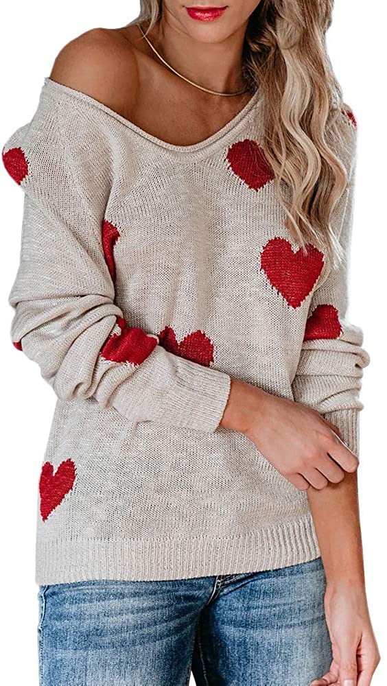 Sherrylily Womens Lightweight Pullover Off Shoulder Batwing Sleeve Heart  Print S