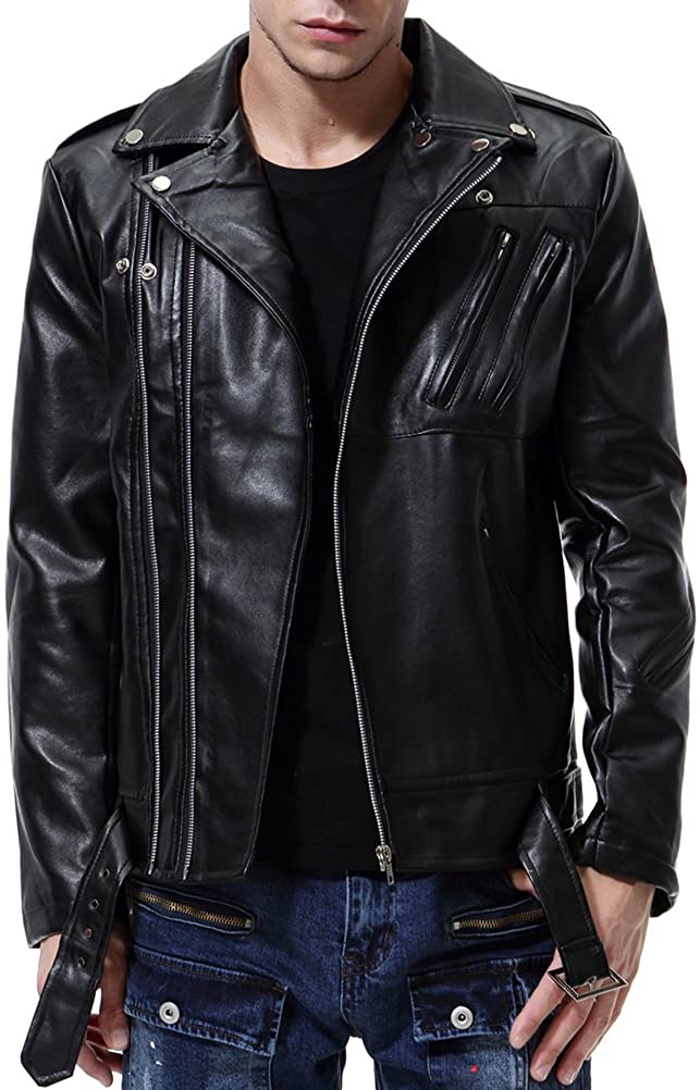 Aowofs Mens Faux Leather Jacket Double Belt Punk Motorcycle Zip Slim Fit Biker Jacket