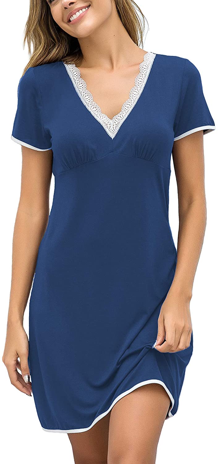 Ekouaer Night Shirts Women Nightgowns Sexy Sleep Shirts Lace Trim V 