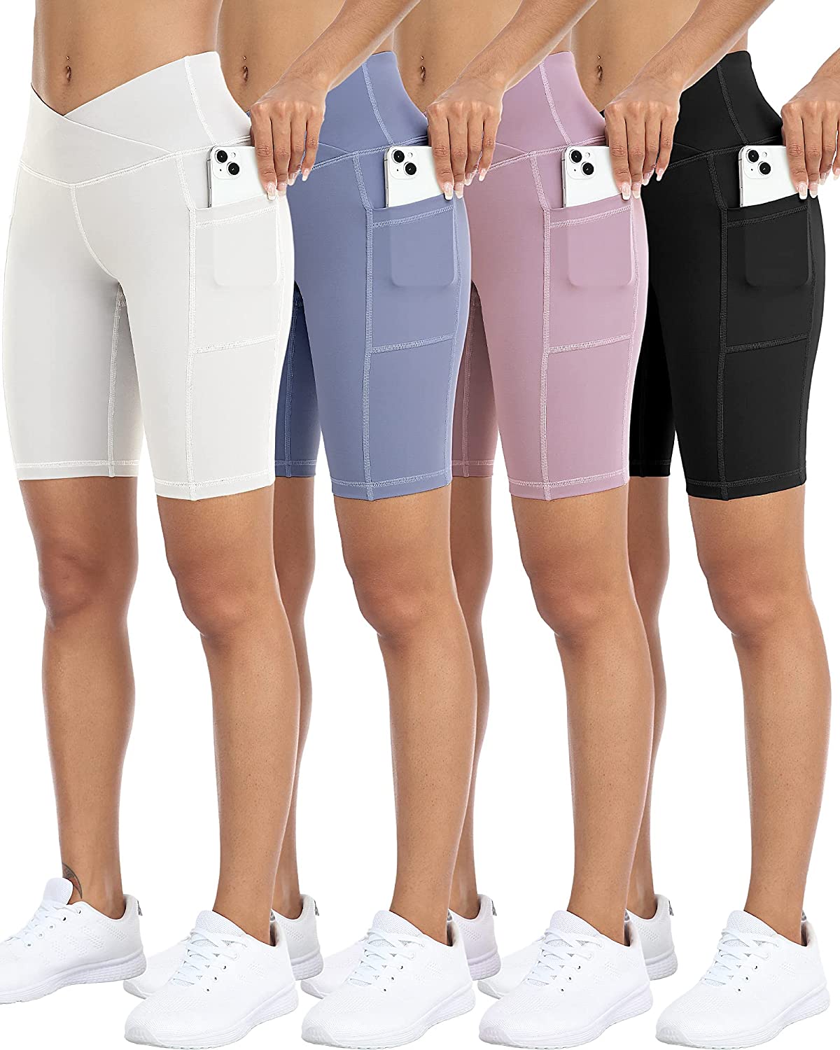 WHOUARE 4 Pack Biker Yoga Shorts with Pockets for Women,High Waisted  Athletic Ru