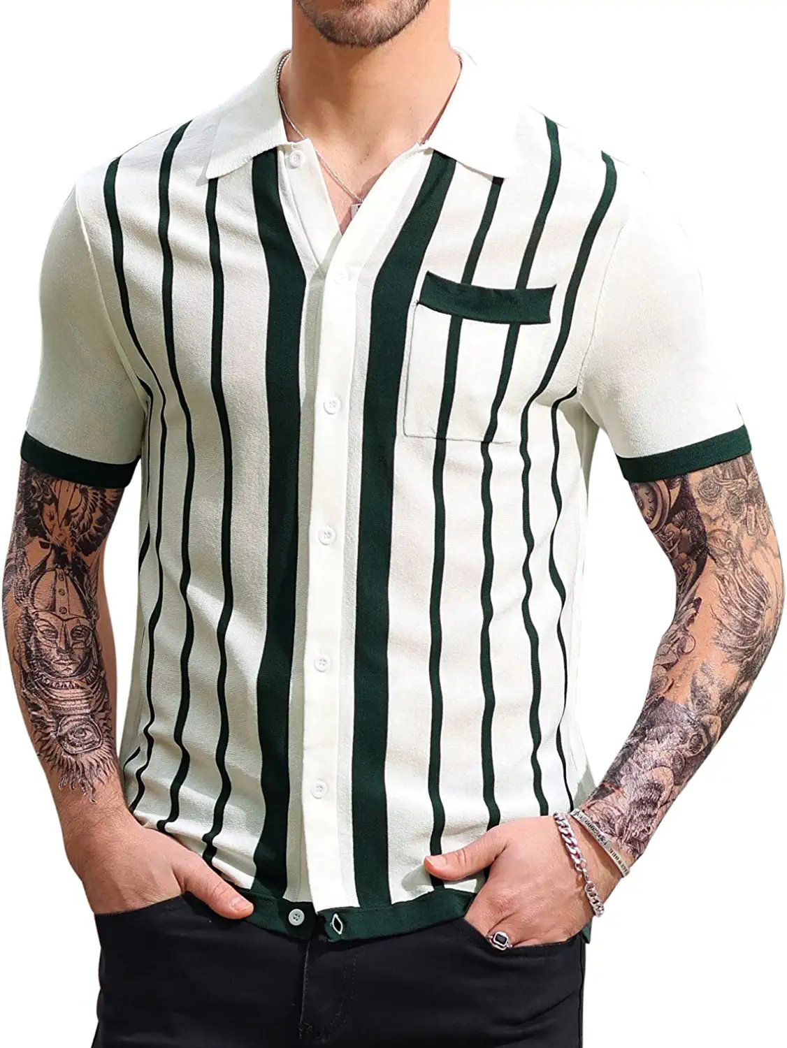 Mens Vintage Striped Knit Polo Shirt Long and Short Sleeve Button