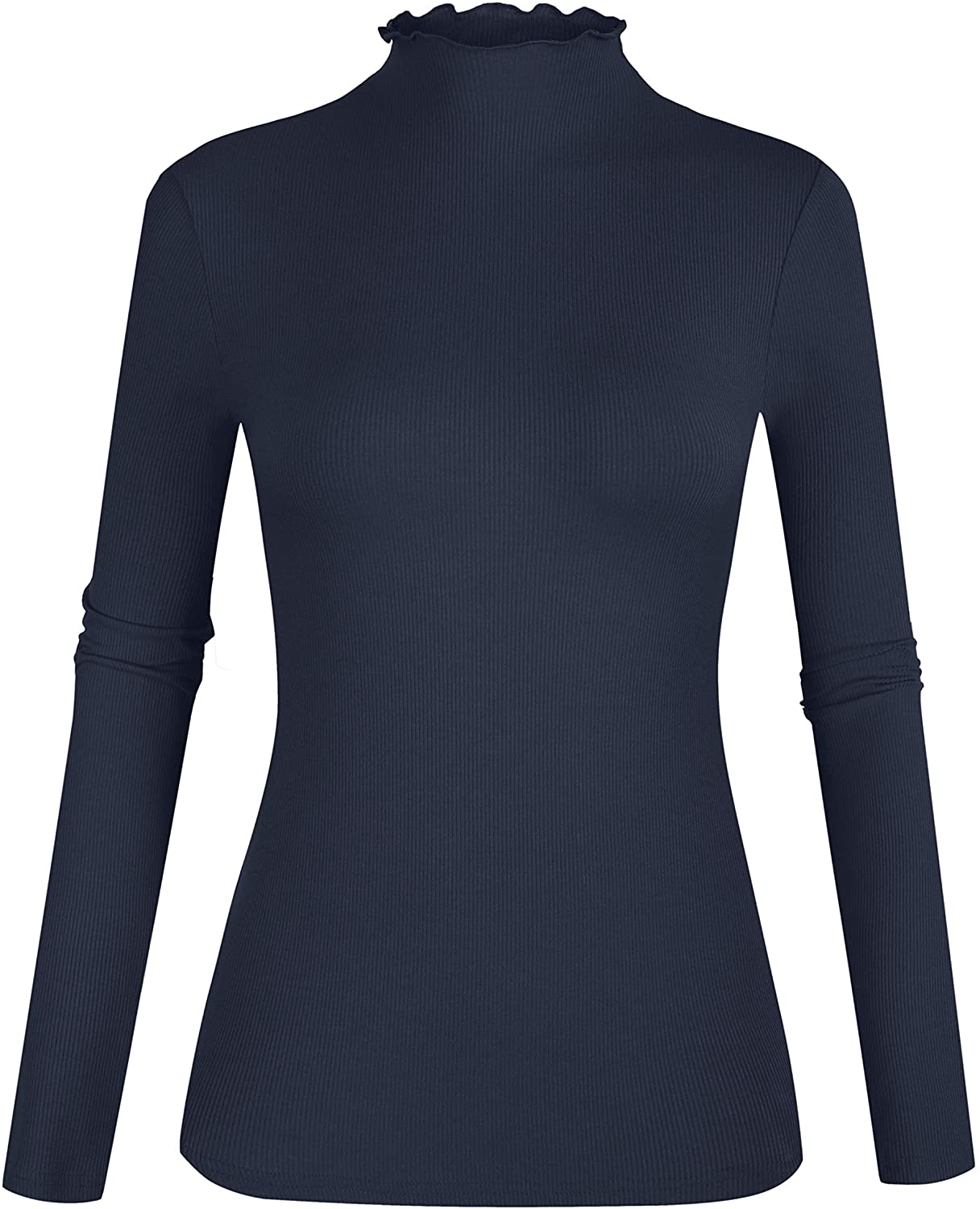 POPZONE Women's Lettuce Trim Mockneck Long Sleeve Slim Fit Ribbed Knit Tee Shirt