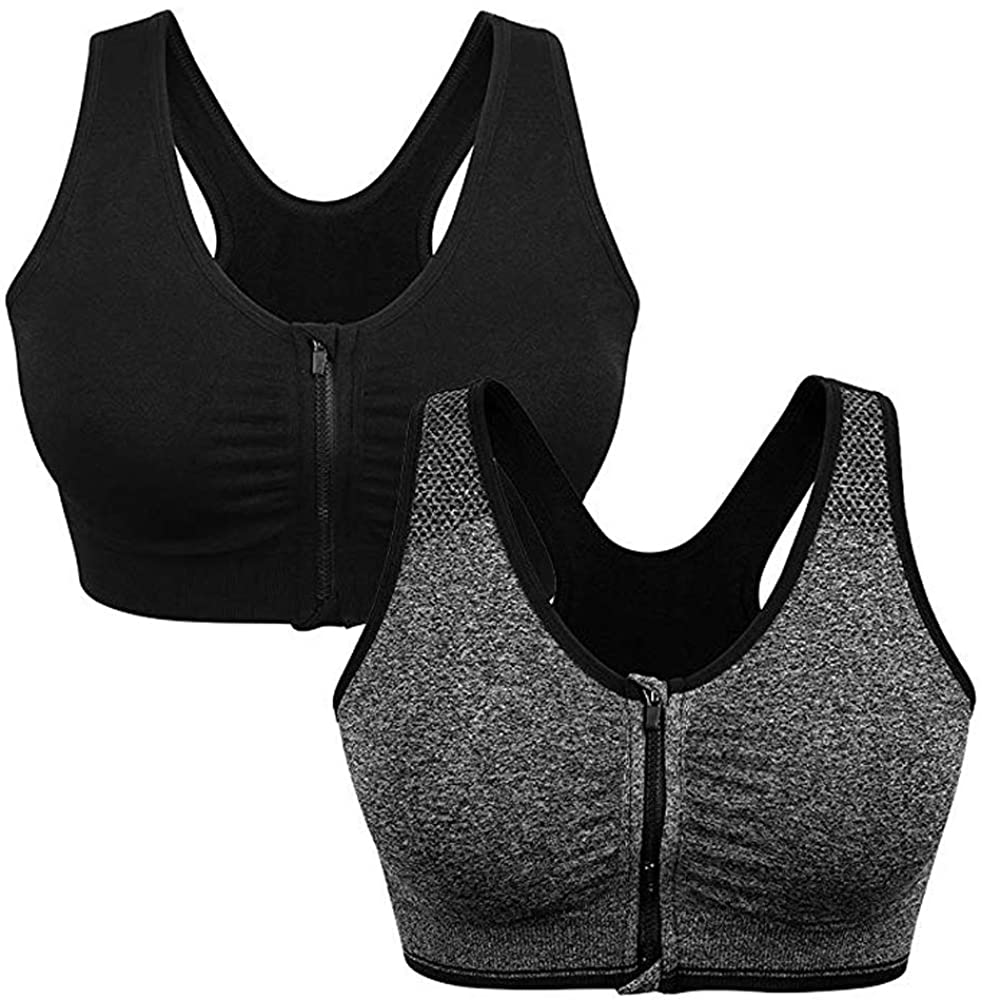 CLOUSPO Sports Bra Post Surgery Bra Zip Front Wireless with Removable Pads Yoga Bra for Workout Fitness 