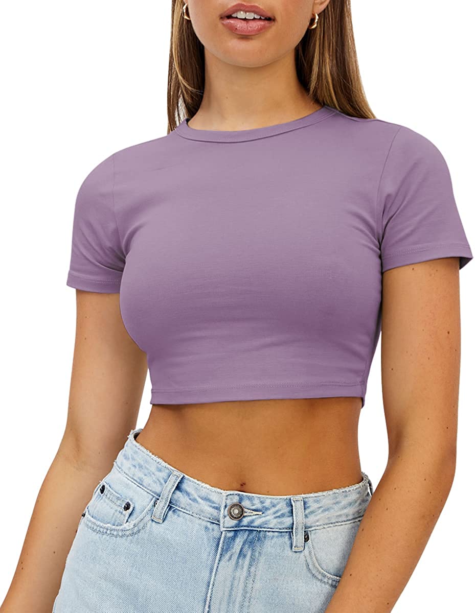  Womens Butterluxe Double Lined Long Sleeve Crop Top Square  Neck Workout Athletic Casual Cropped Fitted Basic Shirts Brown Purple  X-Large