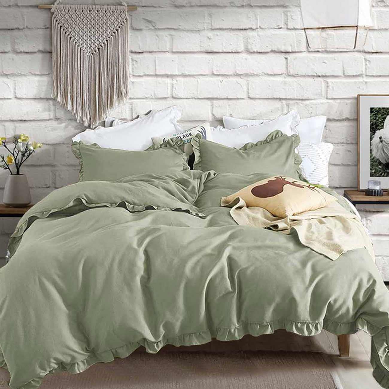 Dark Olive Green Duvet Cover Queen Size, 3 Piece Boho Bohemian