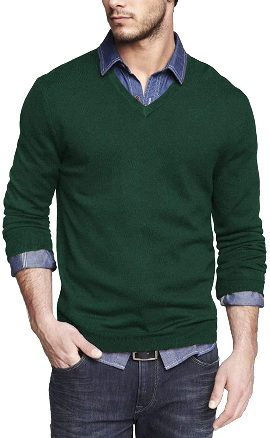 COOFANDY Men Casual V Neck Sweater Ribbed Knit Slim Fit Long Sleeve Pullover  Top