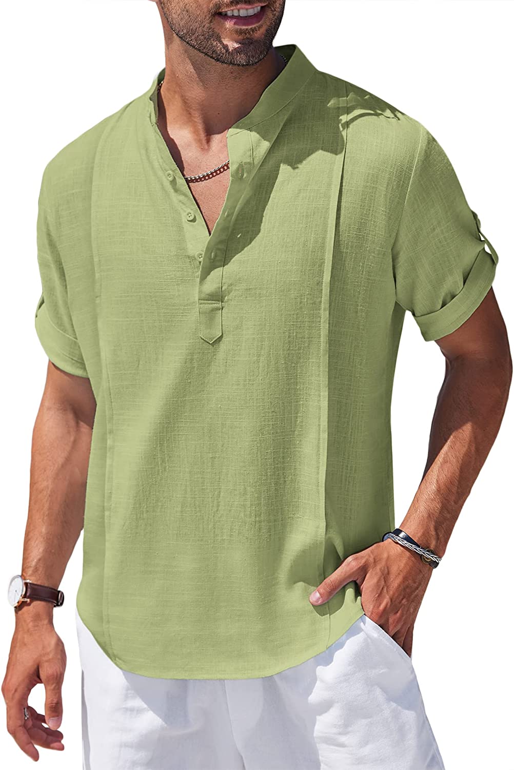 BIFUTON Fishing Shirts for Men, Men's Cotton Linen Henley Shirt Short  Sleeve Hippie Casual Beach T Shirts with Pocket