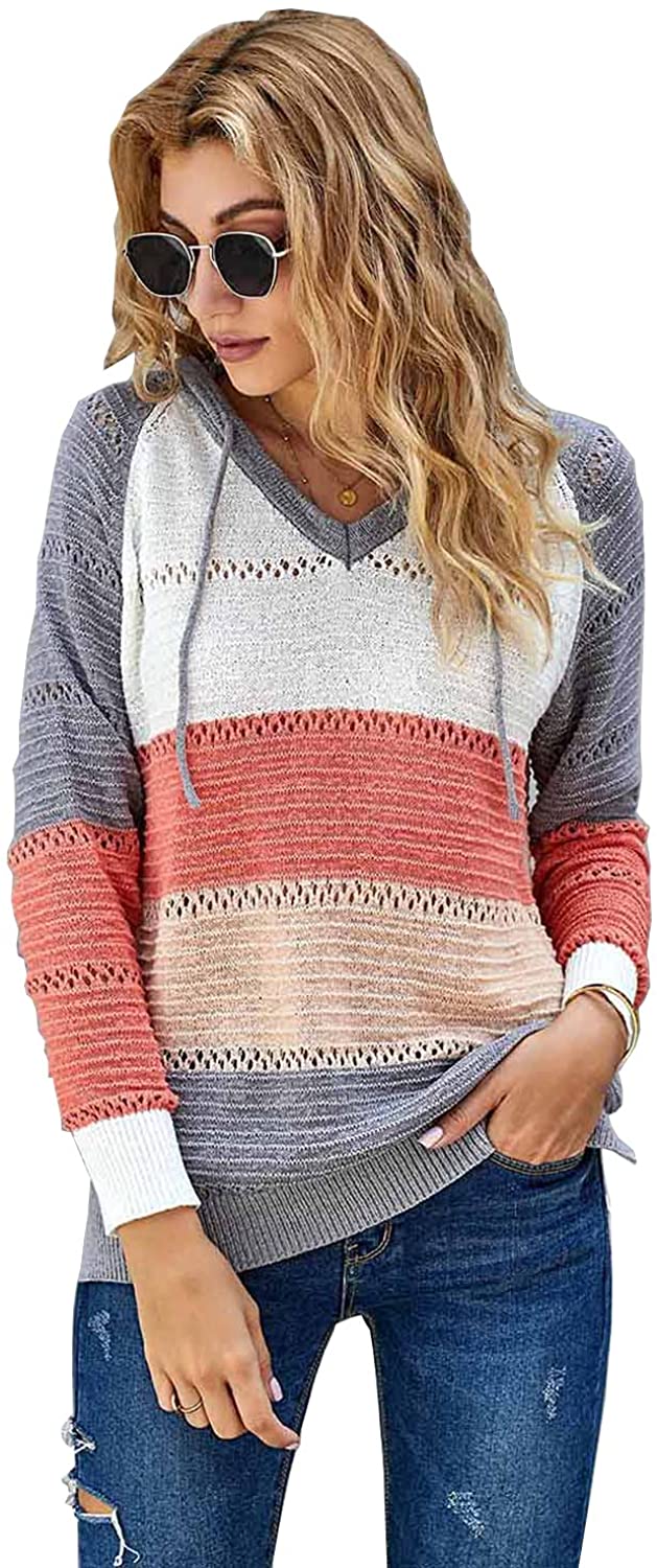 Lopie Women's Long Sleeve Hoodies Casual Loose Pullover Color Block Tops Striped Sweatshirts