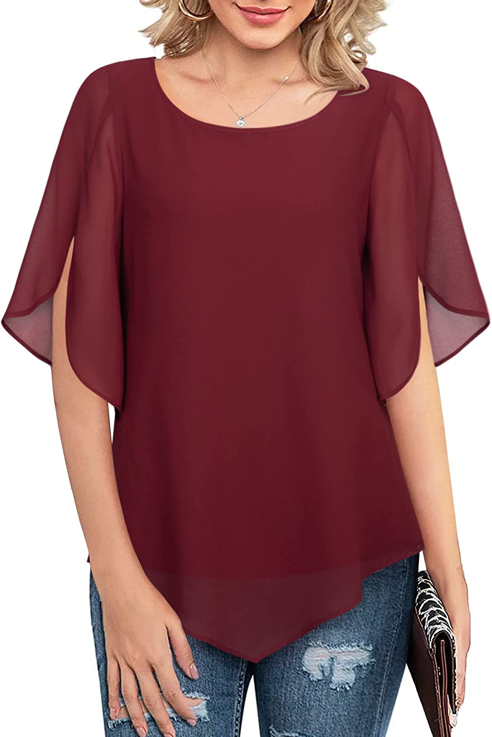 Lotusmile Women's Loose Half Split Sleeve Double-Layered Tops