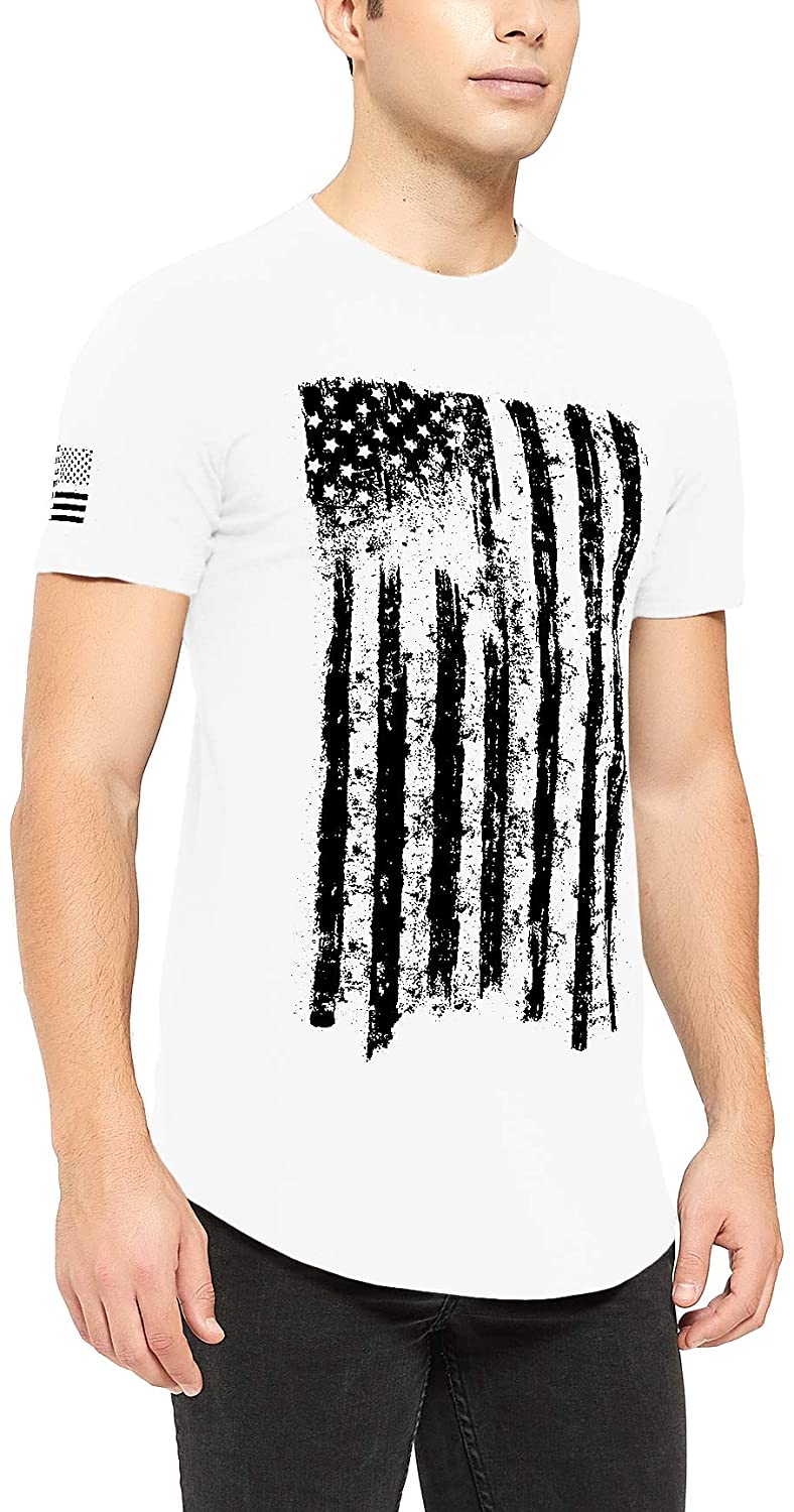 Idtswch Mens US Flag Athletic Fit T-Shirt Hipster Longline Tee Slim fit Workout Long Tail Tshirts 