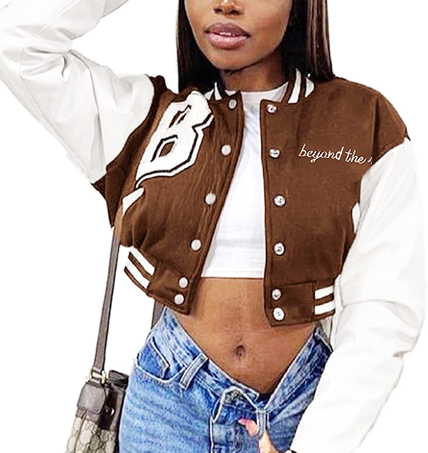  Women Varsity Jacket Long Sleeve Cropped Baseball Jacket Bomber  Coats Y2k Streetwear Fashion : Clothing, Shoes & Jewelry