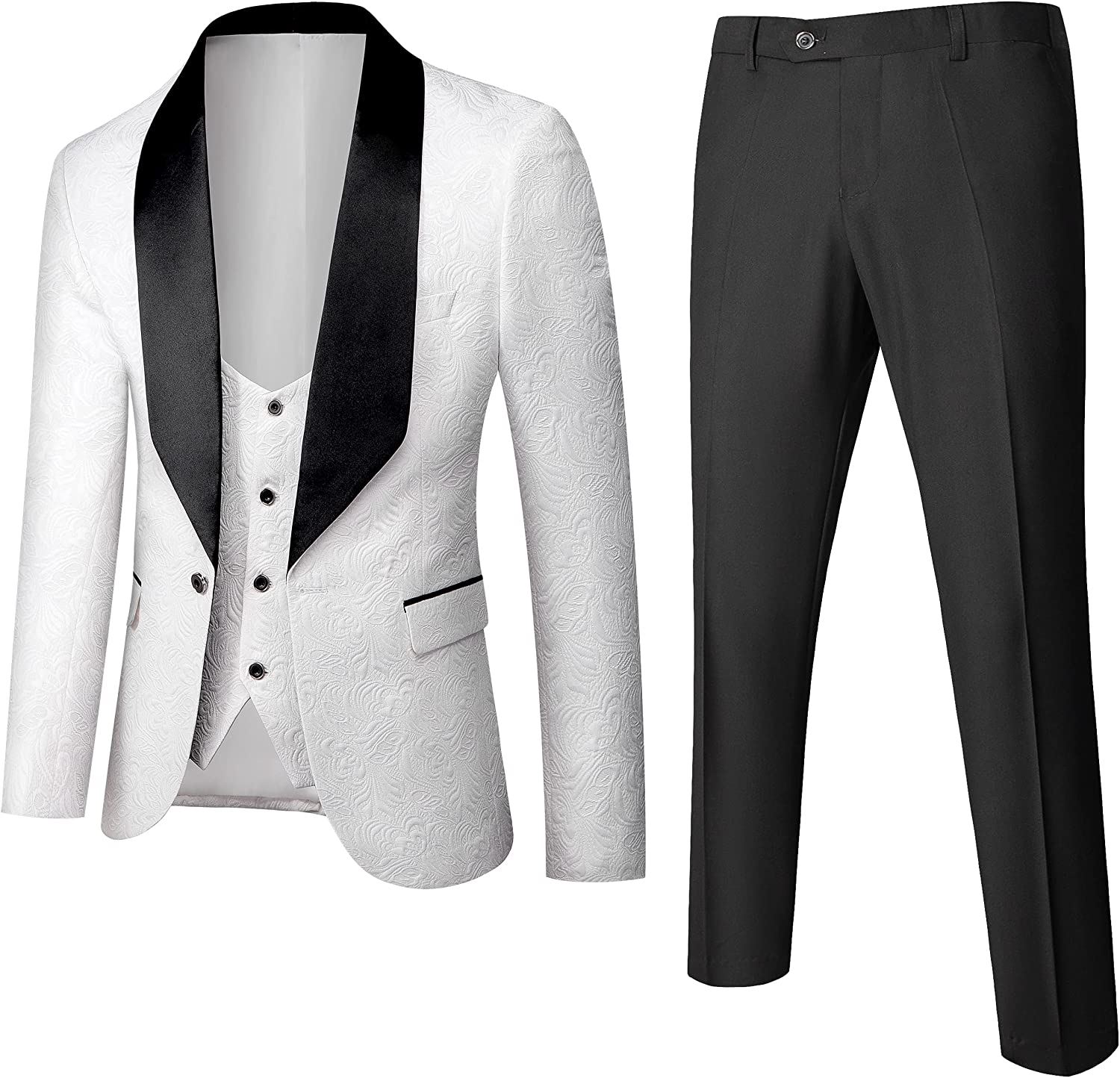 KUDORO Mens Tuxedo Suits Slim Fit 3 Piece Jacquard Tuxedo Suit for Men One Button Shawl Collar Tuxedo Suit for Wedding Prom 