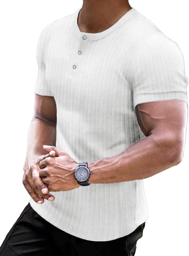 Muscle Cmdr Men's Ribbed Henley Shirt Slim Fit Muscle Shirt Fitted Cotton  Short Sleeve Casual Summer T-Shirt Black/S at  Men's Clothing store