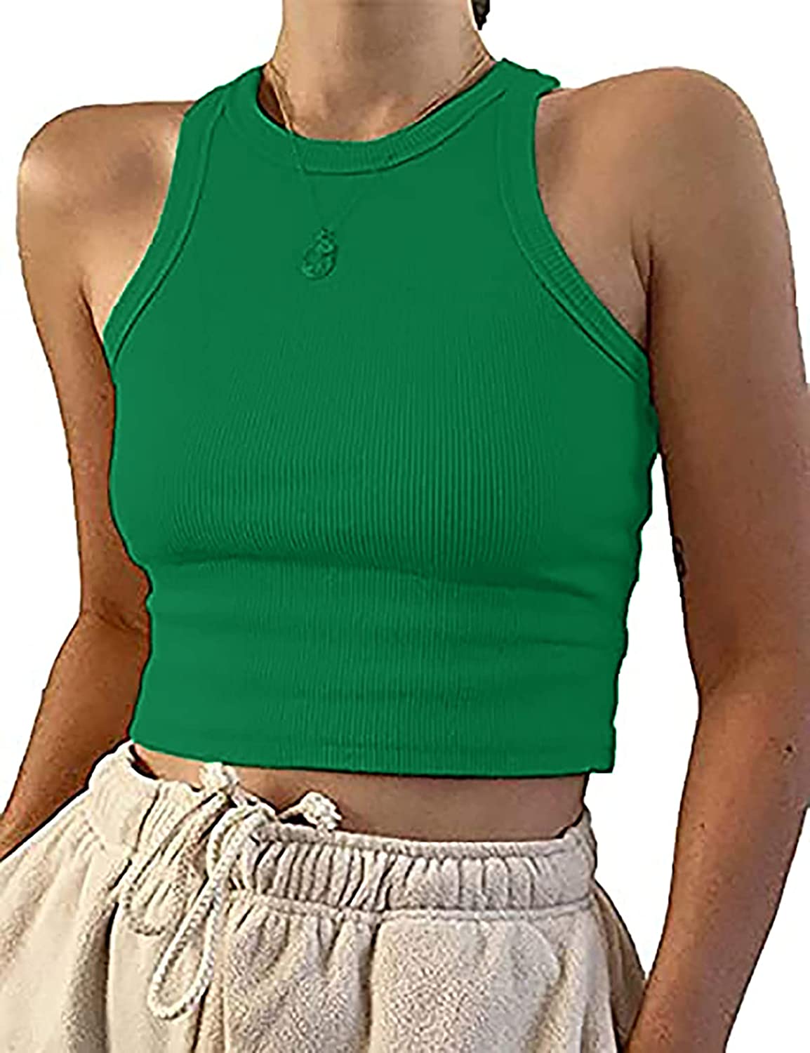 KAMISSY Women Basic Crew Neck Crop Tank Top Solid Rib-Knit Binding Crop Top  : : Clothing, Shoes & Accessories