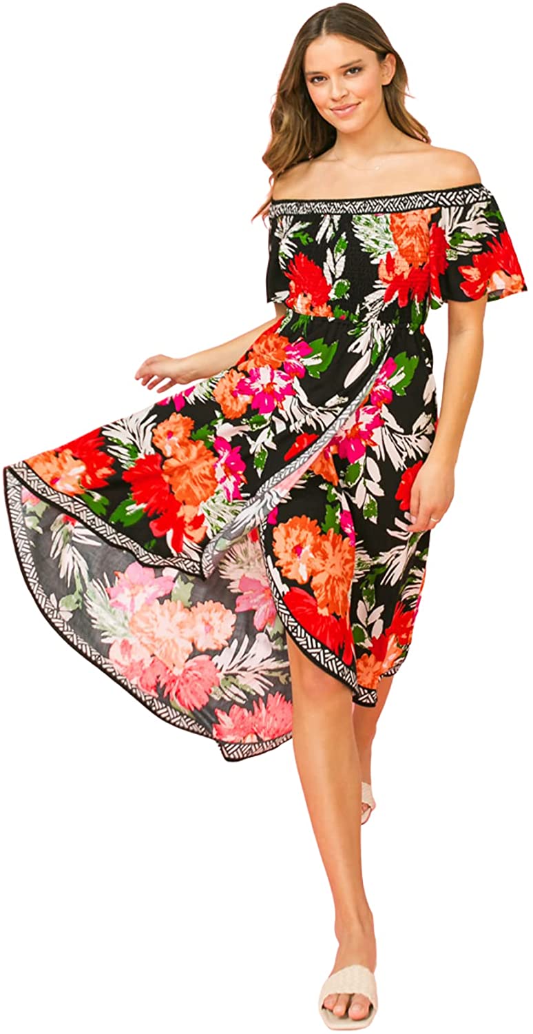 Hi Low Hem Tropical Floral Smocked Dress Bohemian Off Shoulder Maxi Dress
