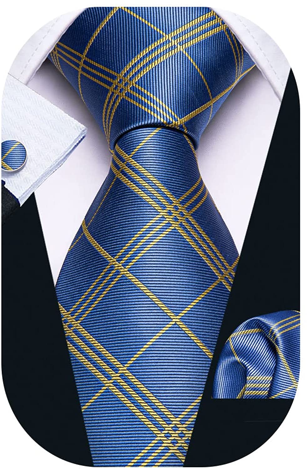 DQT Woven Striped Yellow Black Classic Slim Skinny Tie Hanky Cufflinks Set 