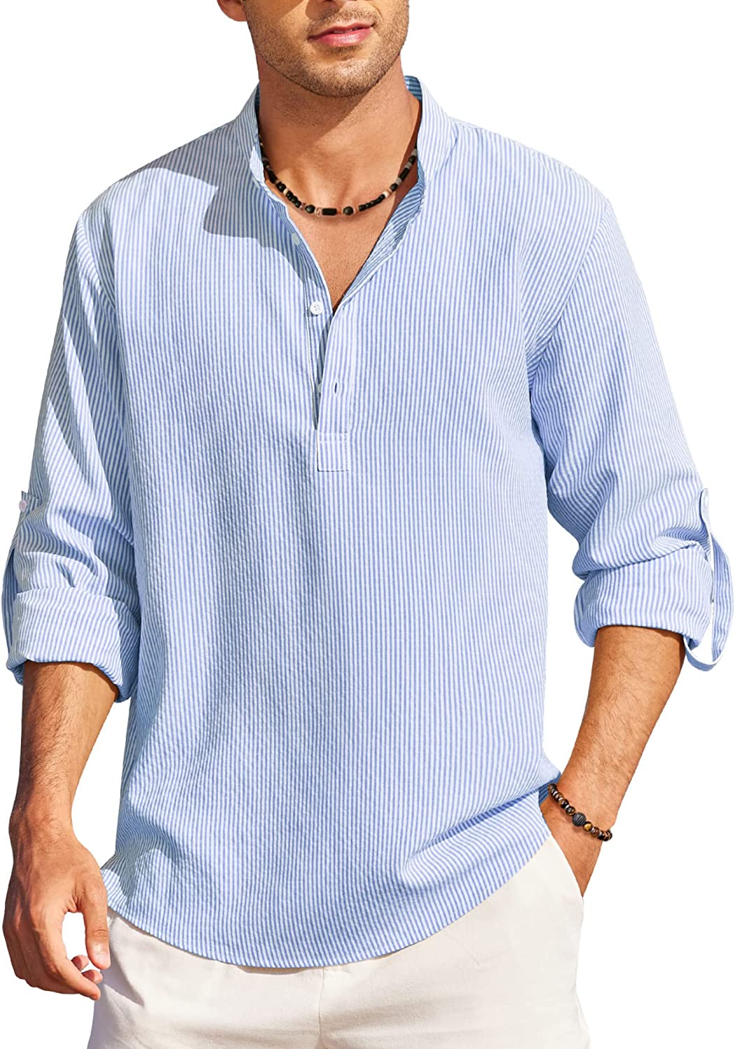 COOFANDY Men's Cotton Linen Henley Shirt Long Sleeve Hippie Casual Beach T  Shirts