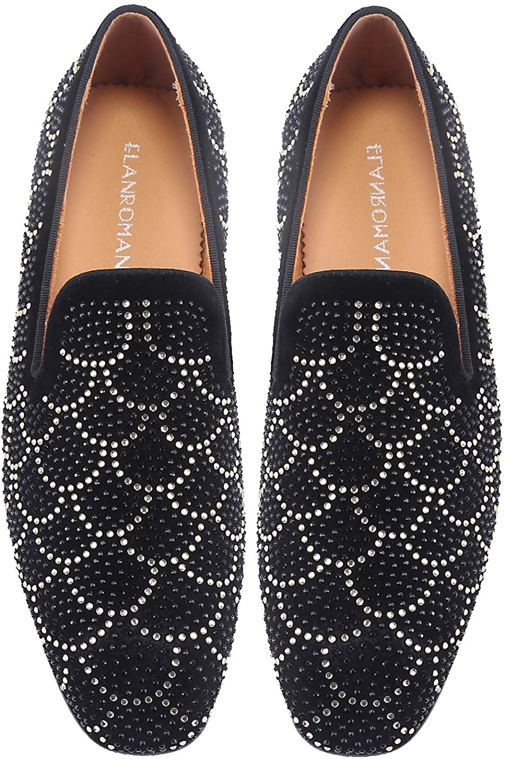  ELANROMAN Black Suede Loafers Men's Fashion Tuxedo Rhinestones  Slip-on Moccasins Wedding Shoes US 7