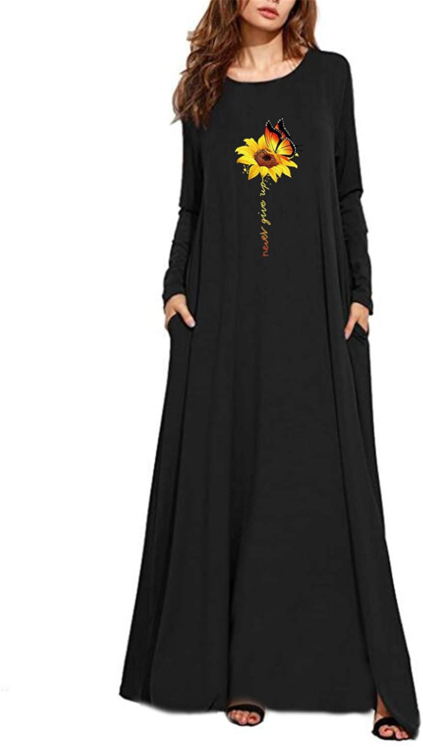 KIDSFORM Women Maxi Dress Long Sleeve Floral Baggy Ball Gown Solid Pocket Party Long Dresses Kaftan 