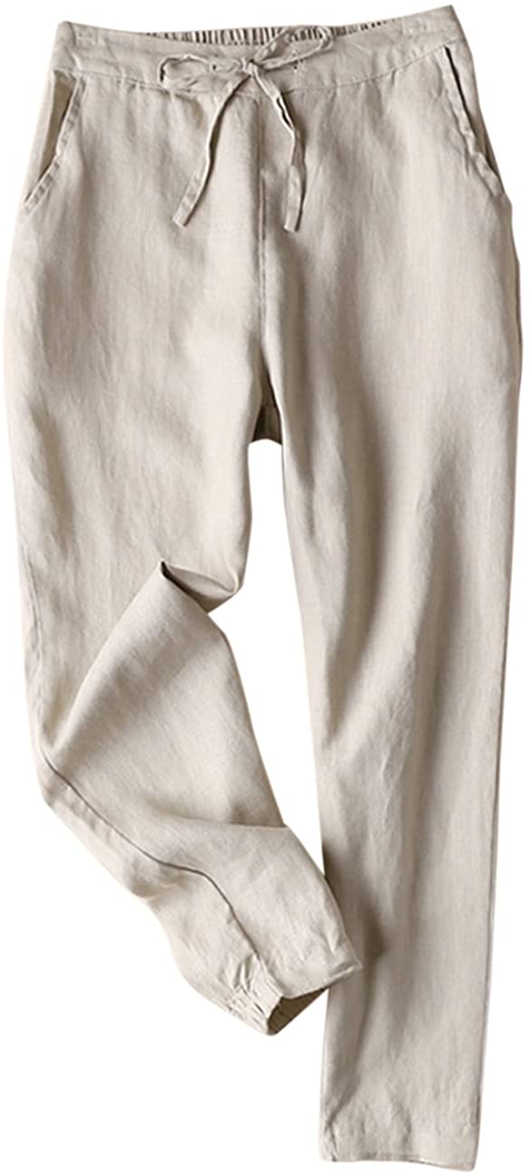 IXIMO Women's Tapered Pants 100% Linen Drawstring Back Elastic Waist Ankle  Lengt