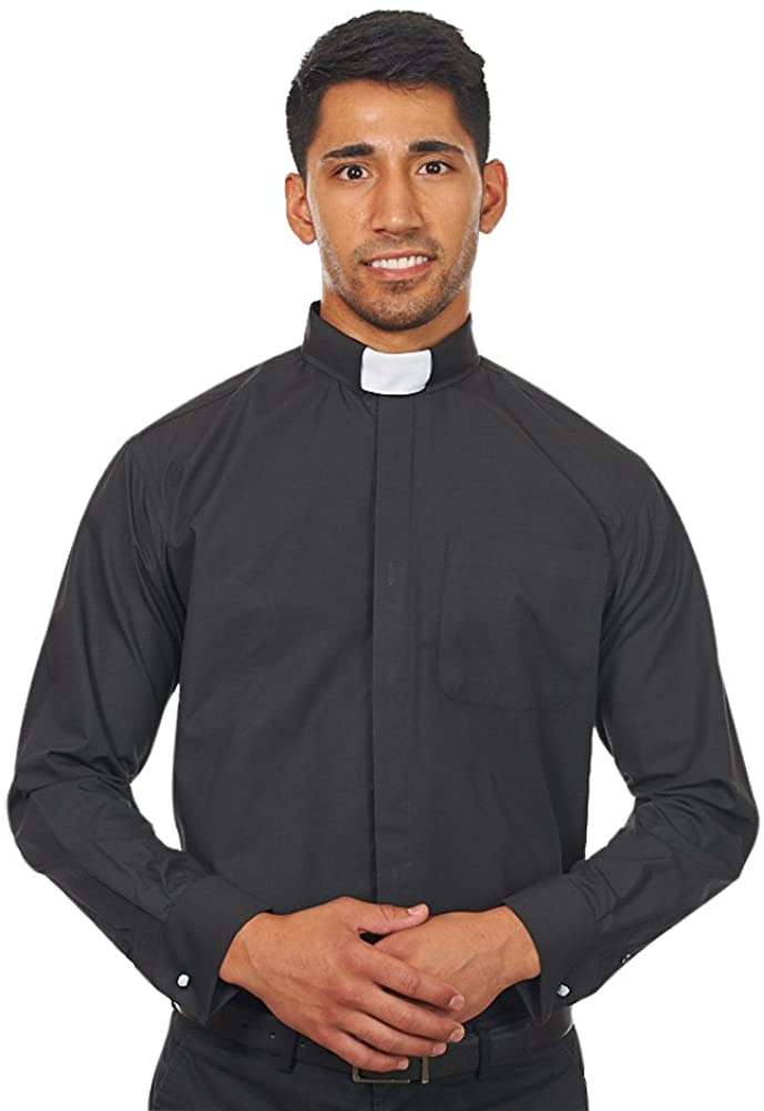 Men's Clergy Tab Collar Short Sleeve Black Dress Shirt Pastor Preacher Minister 