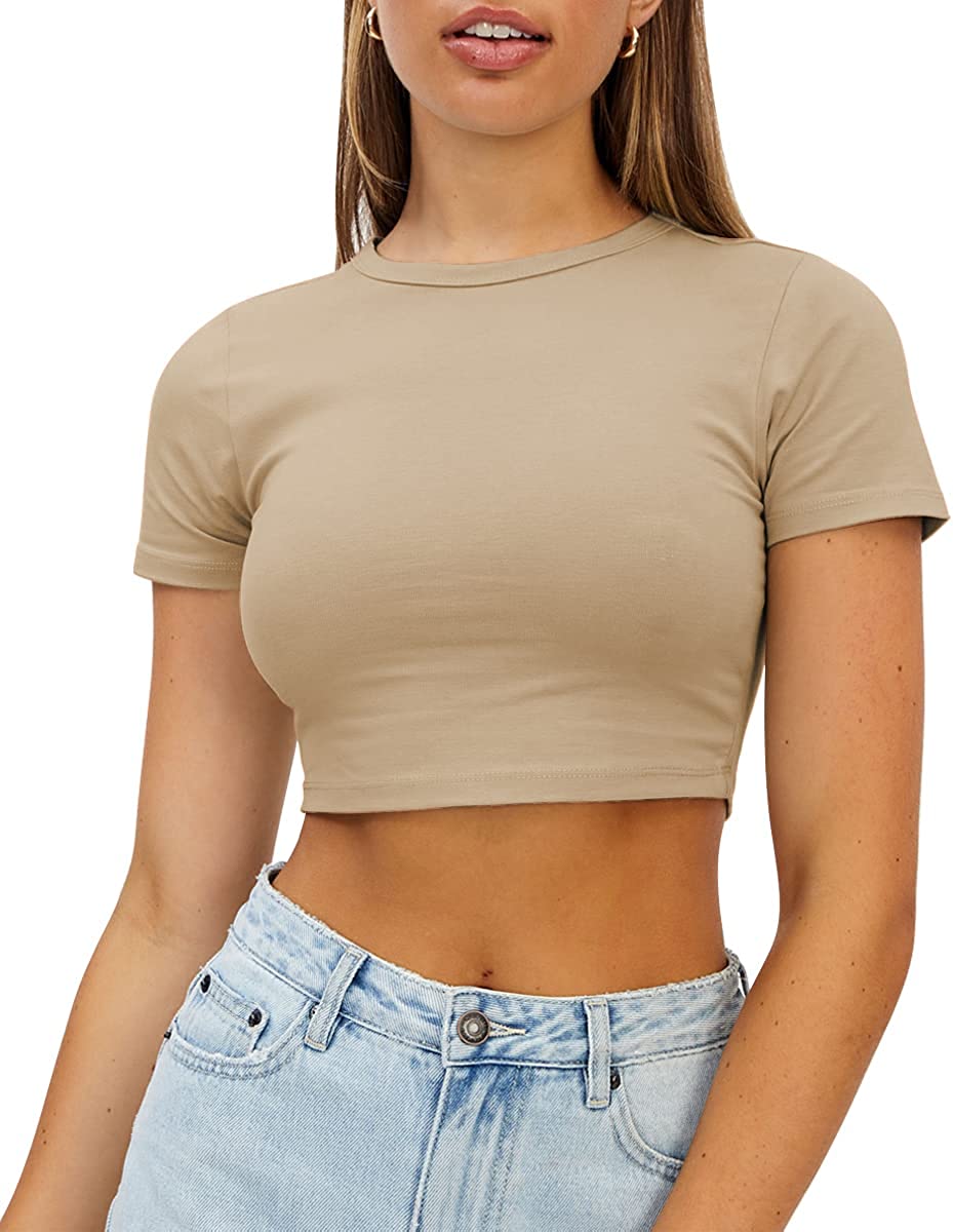 WYNNQUE Crop Tops Cute Trendy Basic Tight Scoop Neck Crop Short