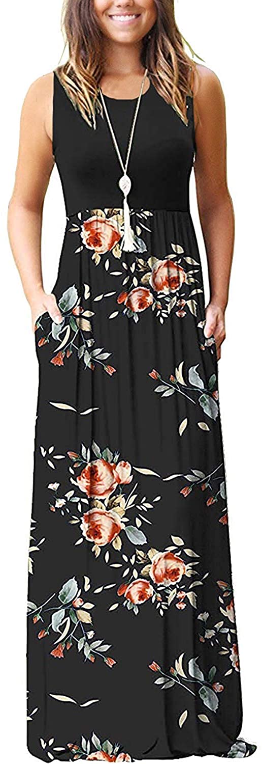 AUSELILY Womens Summer Sleeveless Loose Plain Maxi Dress Casual Long Dress with Pockets 