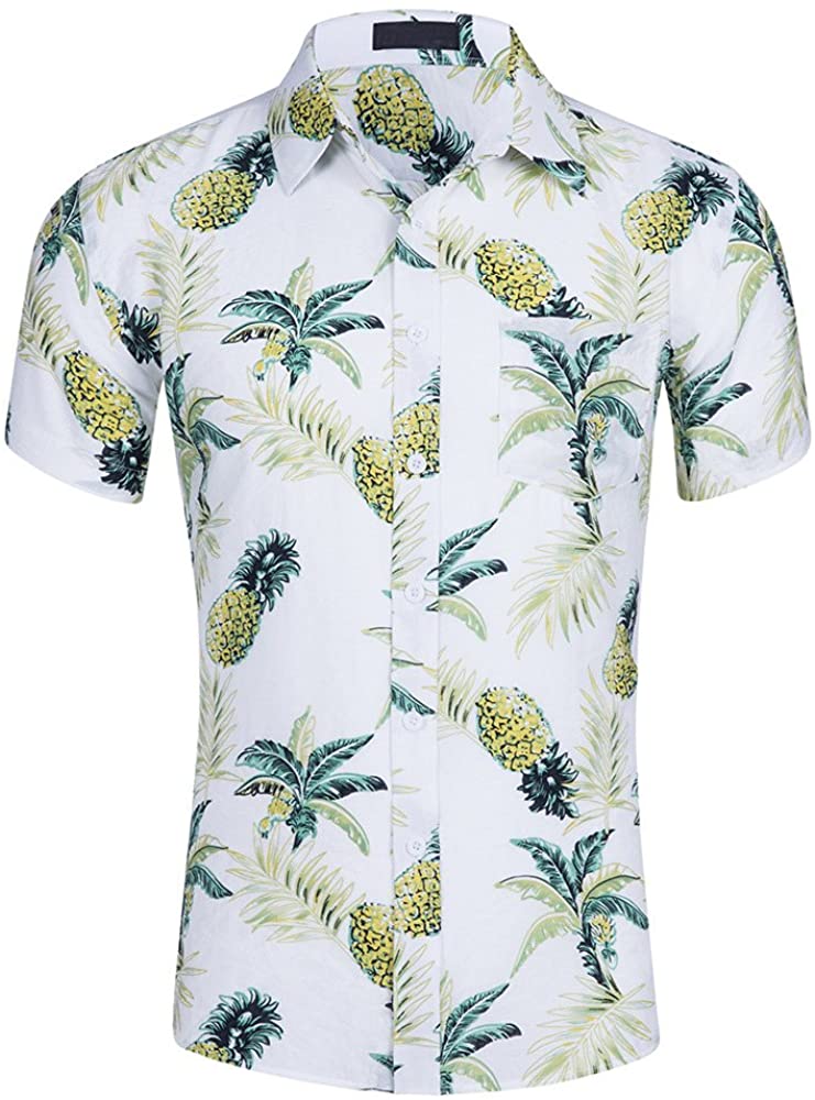 CATERTO Men's Short Sleeve Standard-Fit 100% Cotton Button Down Casual Pineapple Hawaiian Shirt