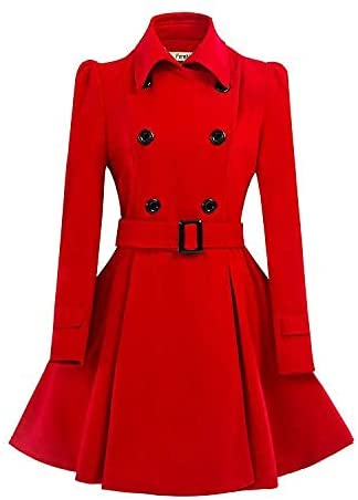 ForeMode Women Swing Double Breasted Wool Pea Coat with Belt Buckle ...