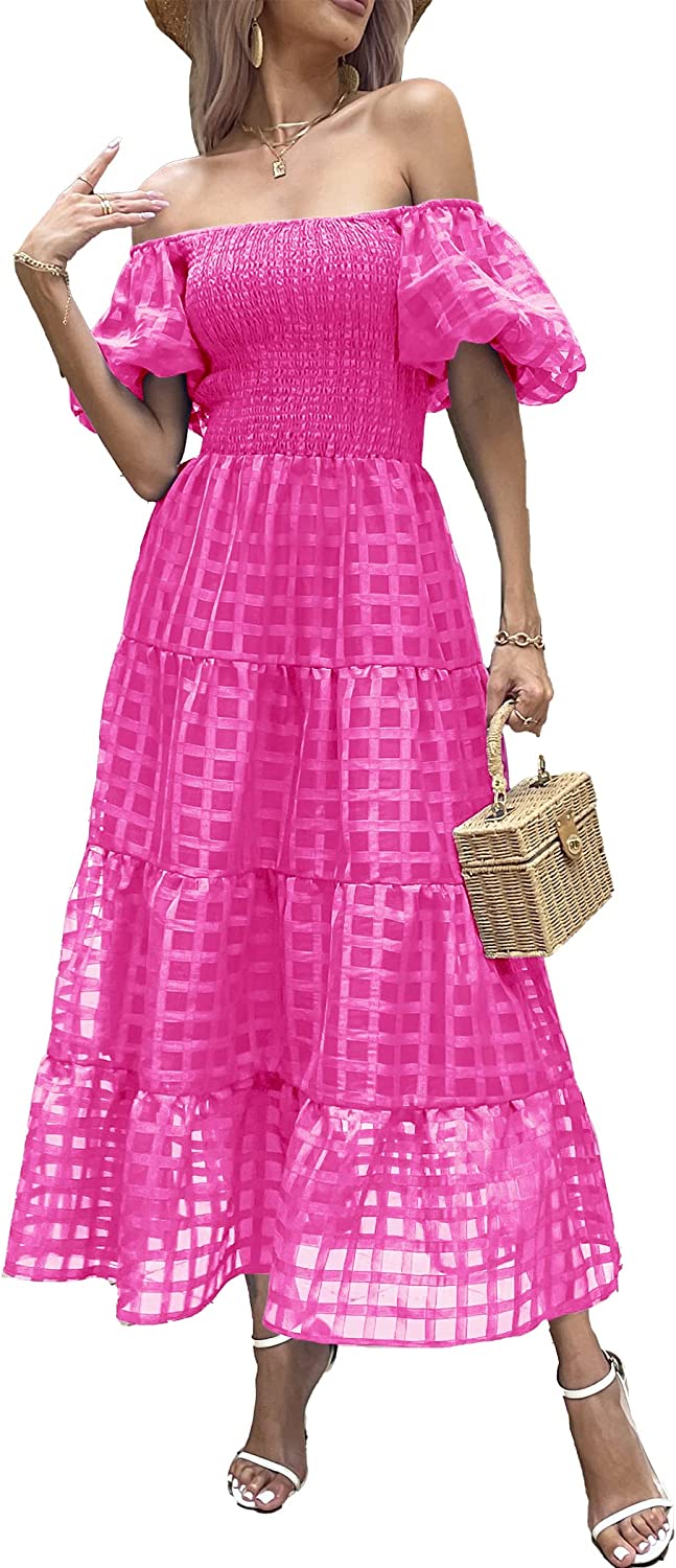 PRETTYGARDEN Women's Casual Summer Midi Dress Puffy Short Sleeve Square  Neck Smocked Tiered Ruffle Dresses