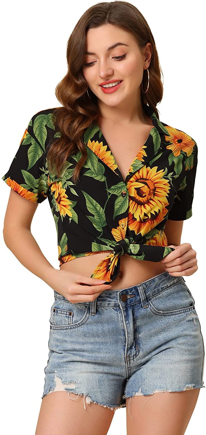 Allegra K Women's Summer Beach Tropical Floral Button Down