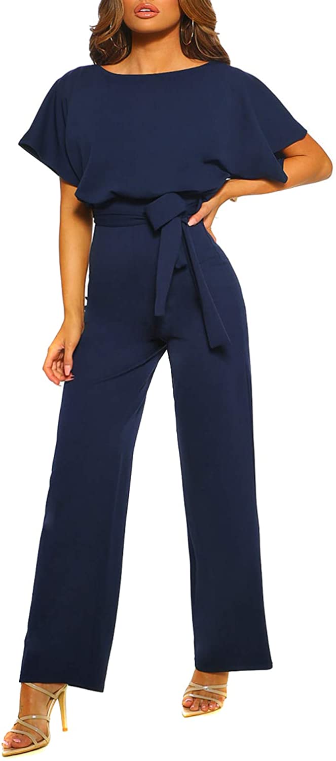 Happy Sailed Women Casual Loose Short Sleeve Belted Wide Leg Pant Romper  Jumpsuits