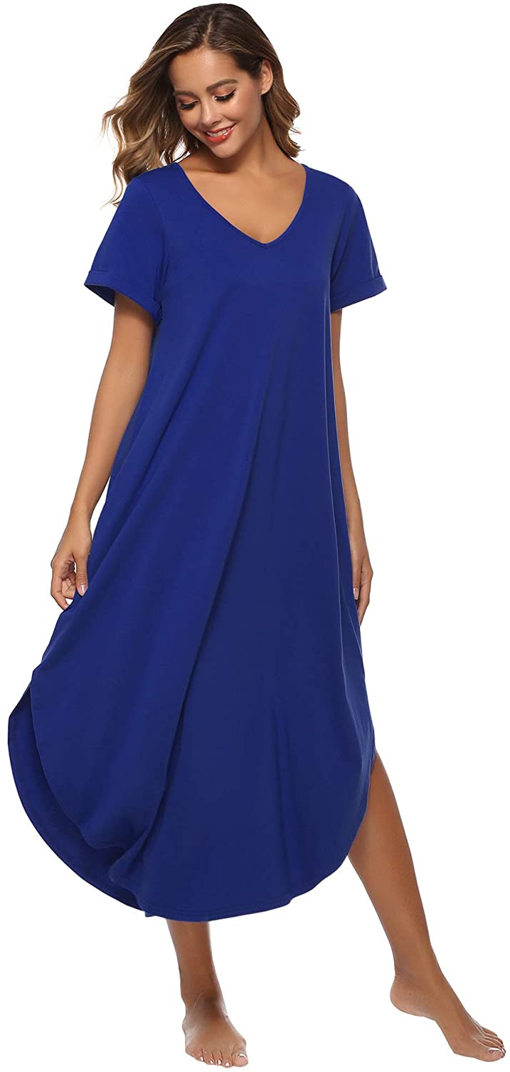 Alletya Women's Casual Night Dress V Neck Long Night Shirt Short Sleeve ...