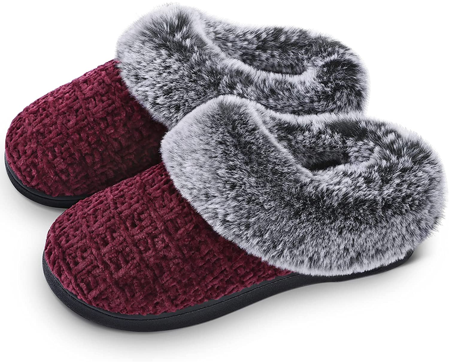 Theoylos Womens Soft Knitted Slippers Memory Foam Non-Slip Sole House Shoes w/Faux Fur Collar Indoor & Outdoor 