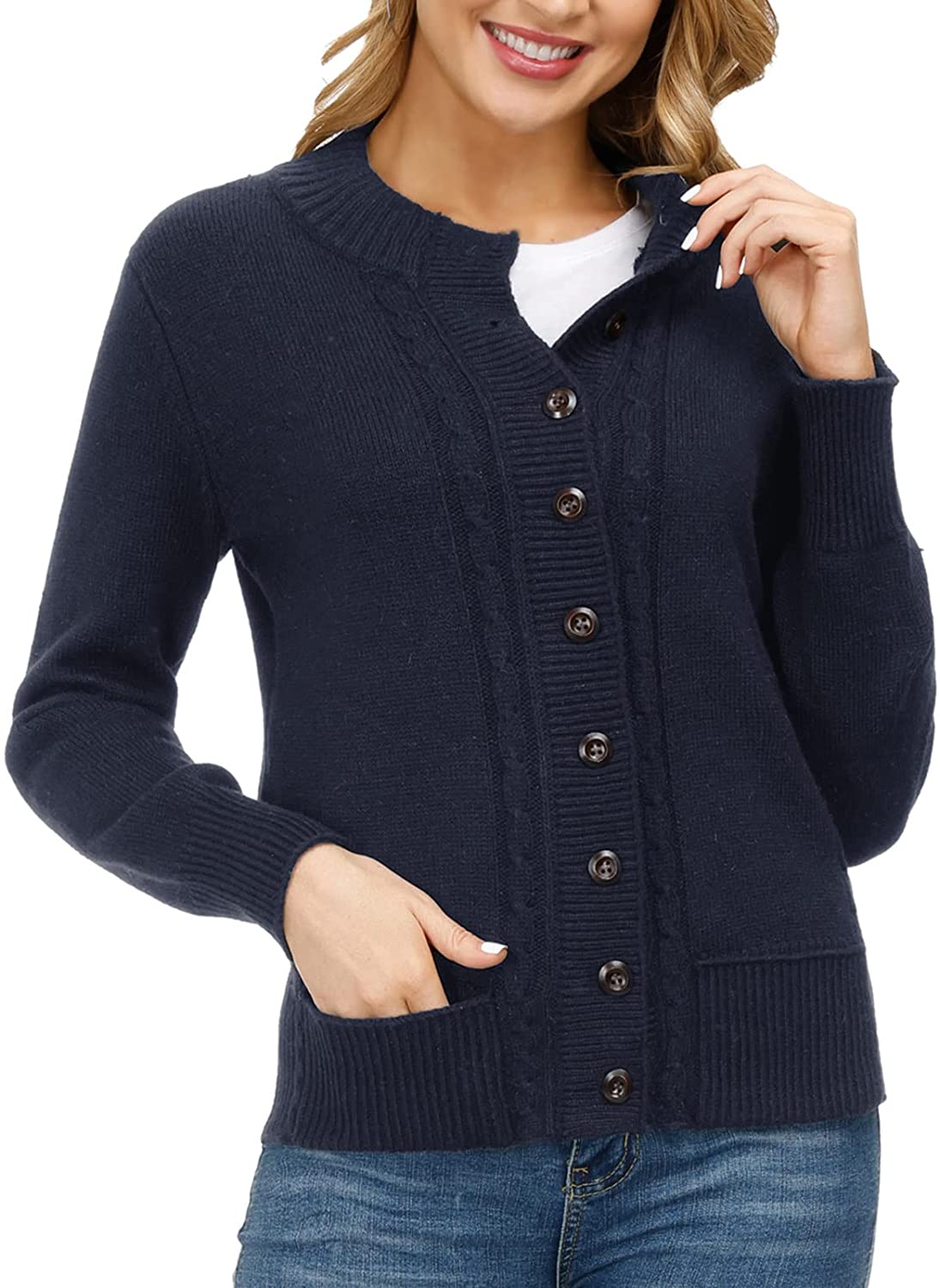 Navy blue button down sweater outlet women's