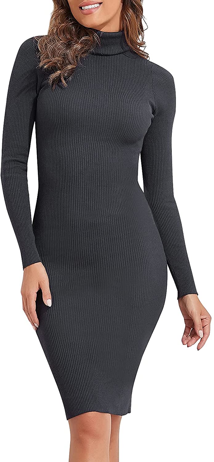 PrettyGuide Women's Turtleneck Sweater Dress Long Sleeve Ribbed Knit  Stretch Mid