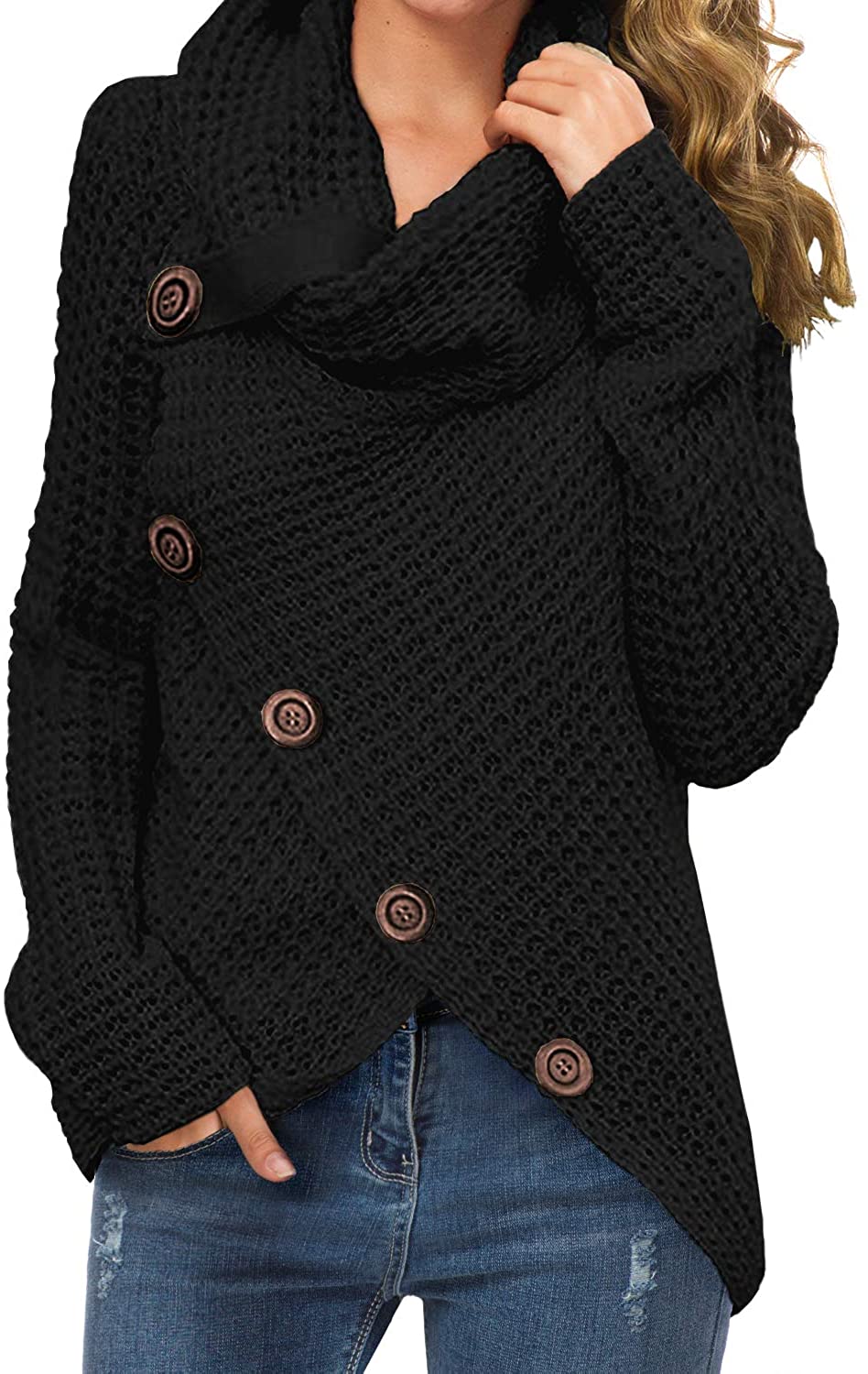 GRECERELLE Womens Casual Turtle Cowl Neck Asymmetric Hem Wrap Pullover Chunky Button Knit Sweater 