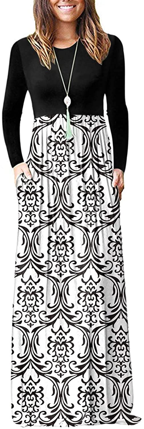 AUSELILY Women Long Sleeve Loose Plain Maxi Dresses Casual Long Dresses  with Poc | eBay