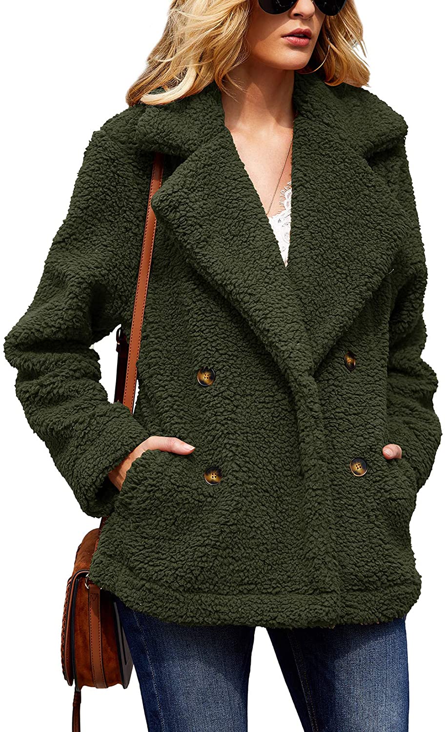 Ofenbuy Womens Sherpa Jackets Fuzzy Fleece Open Front Lapel Cardigan Winter Coat Outwear with Pockets