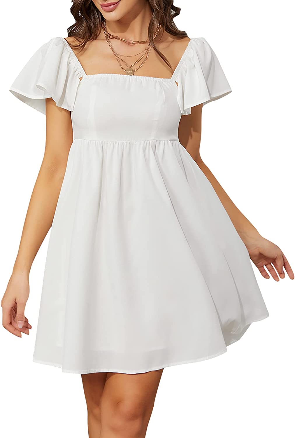 Exlura Women's Cap Short Sleeve Square Neck Short Dress High Waist A-L