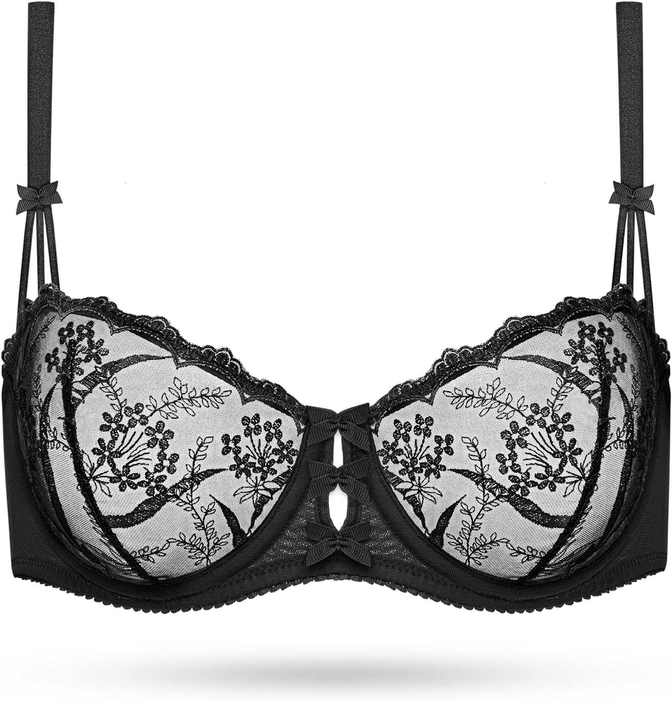 Deyllo Women’s Embroidered Lace Unlined Bra Demi Sheer See Through ...