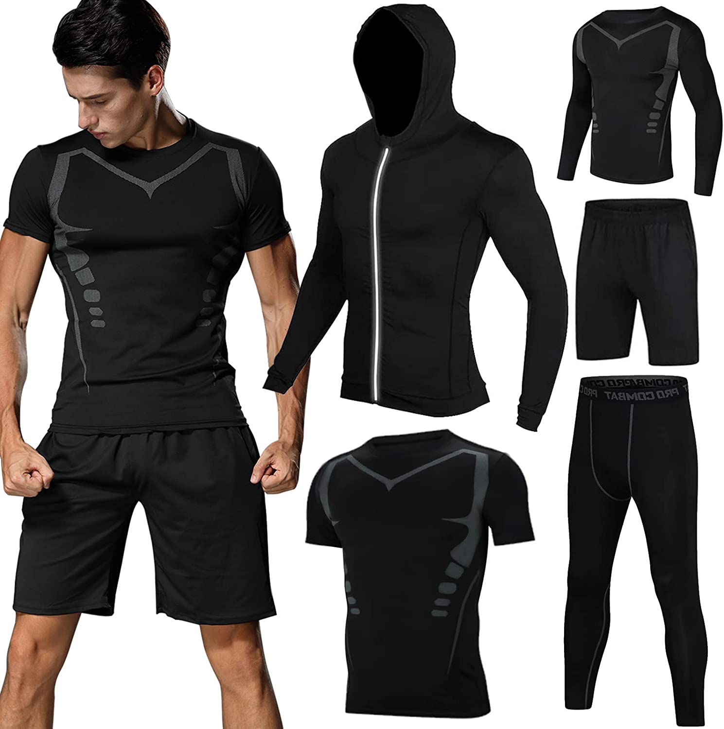 BOOMCOOL Men's Workout Clothes Gym Clothes Running Outfit Compression Pants  Shirt Top Long Sleeve Jacket Black : : Clothing, Shoes &  Accessories